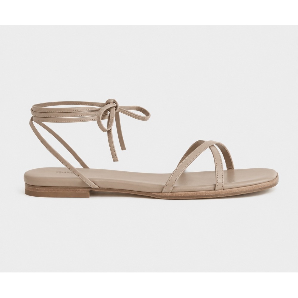 Quince 8 Flat Sandals Leather Ankle Wrap Square Toe Nude Strappy Minimalist Boho